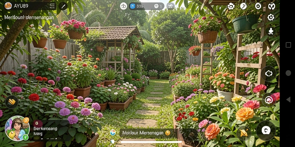 Tampilan gameplay AYU89 menunjukkan kebun yang indah dan hewan ternak.