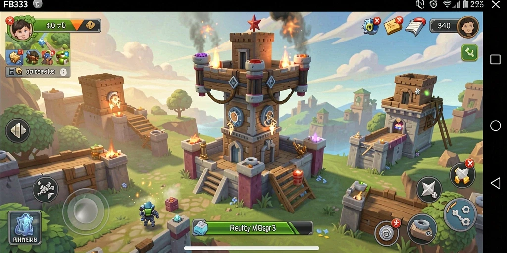 Screenshot gameplay FB333 dengan menara pertahanan yang strategis.