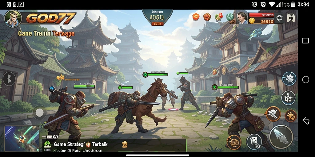Screenshot gameplay menunjukkan pertempuran strategi epik.