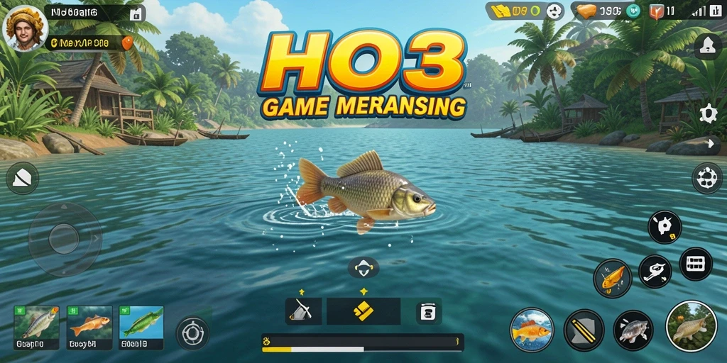 Screenshot gameplay HO3 menampilkan proses memancing yang seru dan interaksi dengan alam.