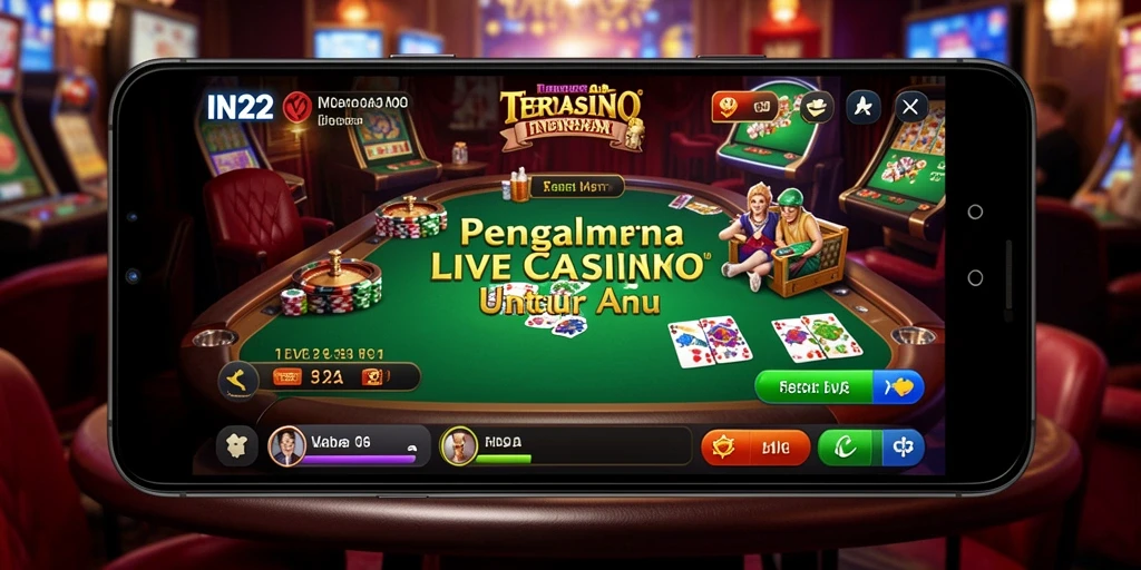 Screenshot gameplay IN22 dengan dealer nyata dan suasana kasino.