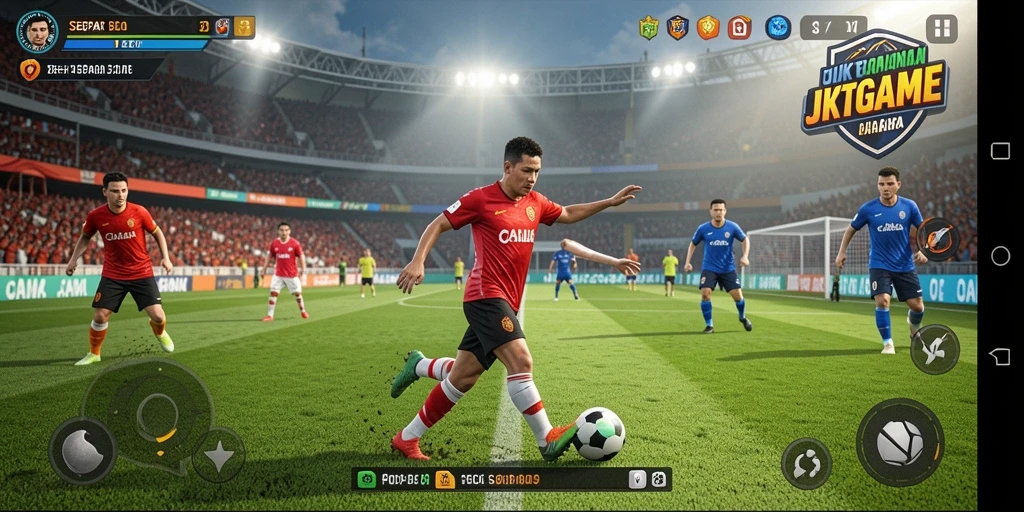 Screenshot gameplay menunjukkan aksi sepak bola yang mendebarkan.