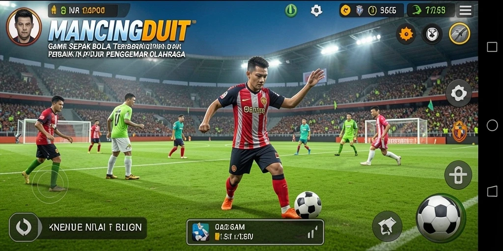 Tampilan gameplay MANCINGDUIT yang menarik saat pertandingan sepak bola.