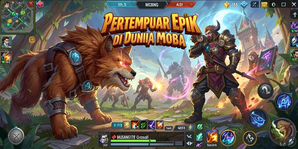 Tangkapan layar utama MUSANG178 menampilkan aksi pertempuran seru dalam game MOBA.