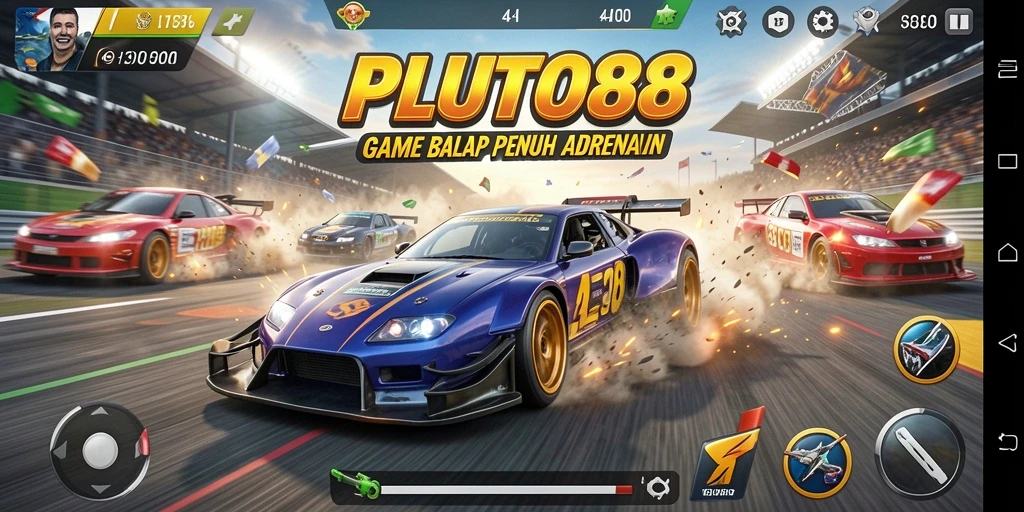 Tampilan gameplay balap seru di PLUTO88 dengan mobil kustom.
