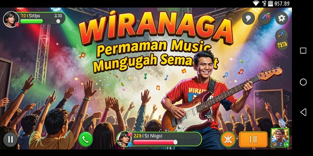 Tampilan gameplay <strong>WIRANAGA</strong> dengan alat musik virtual yang interaktif.